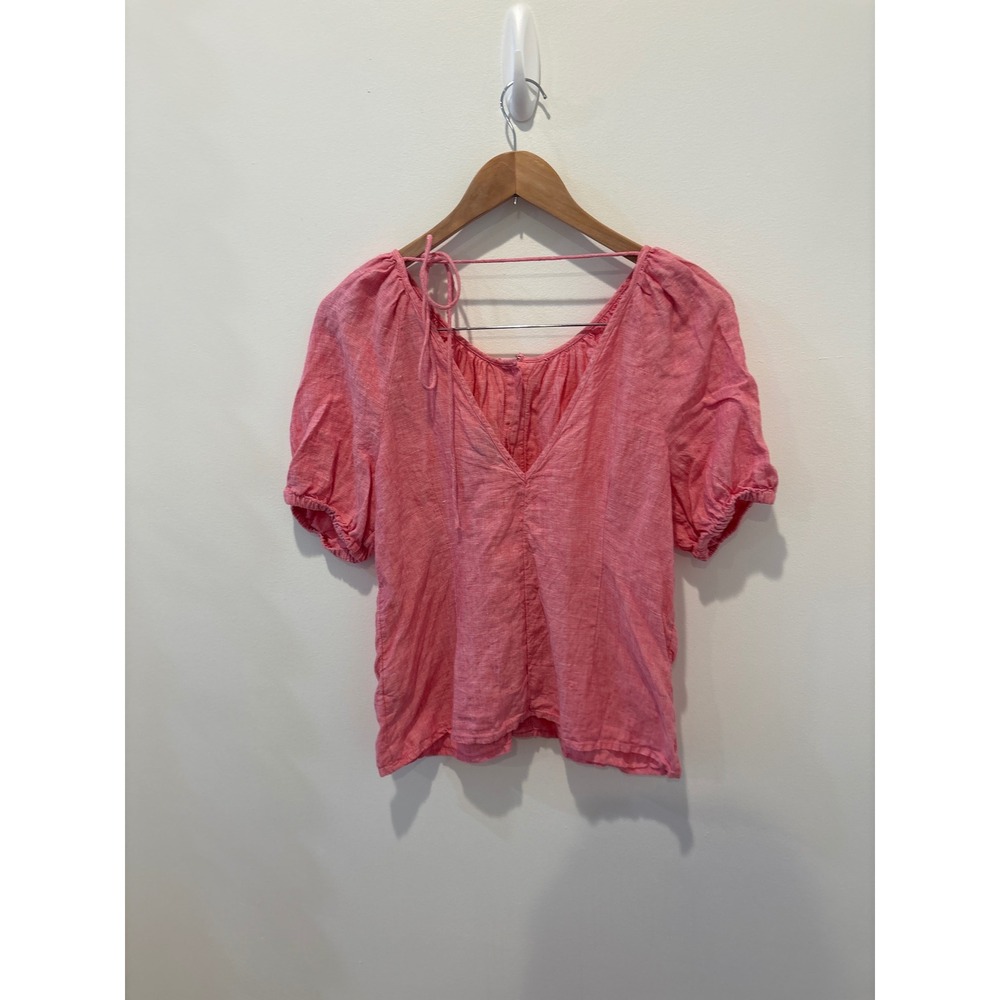 J. Crew‎ Pink Linen Blend Puff Sleeve Tie Neck Blouse Top Size 4 - Picture 2 of 5